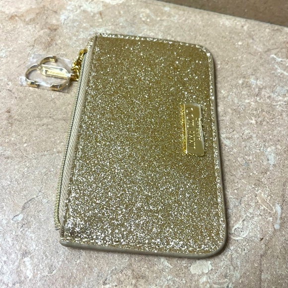 Jimmy Choo Gold Glitter Mini Wallet Coin Card ID Pouch Charm Logo - Picture 3 of 12